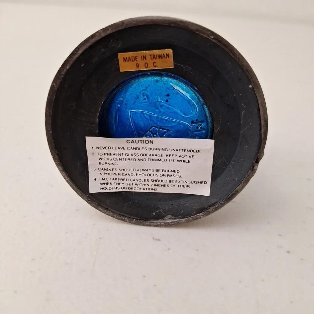 VTG Nativity Scene Pewter Blue Glass Notive Candle Holder MADE TAIWAN 3.5